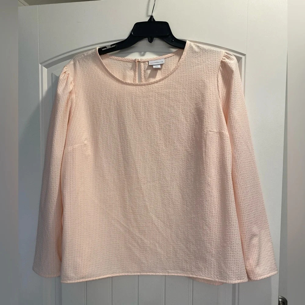 Liz Claiborne pink white stripe long sleeve blouse stretchy work wear casual